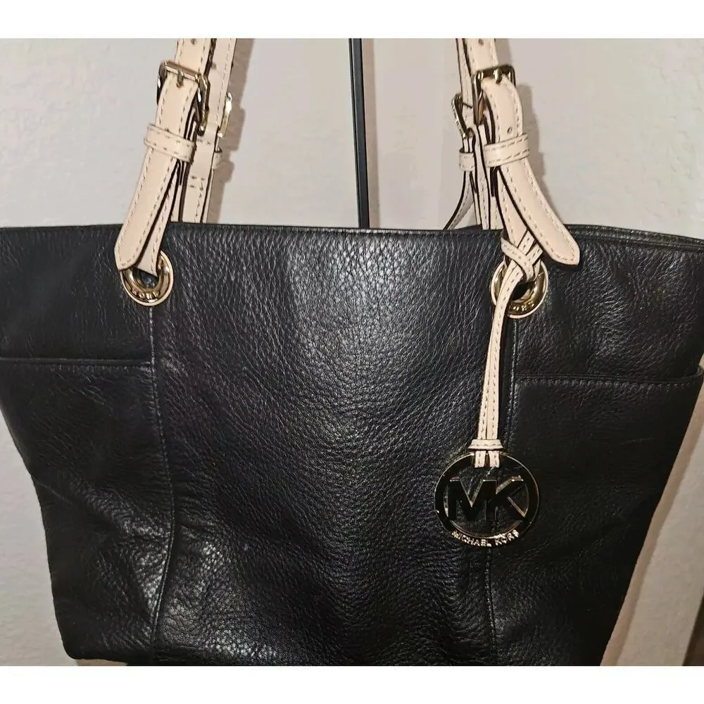 Michael Kors MK Handbag Jet Set Black Pebbled Leather Tote Bag Purse